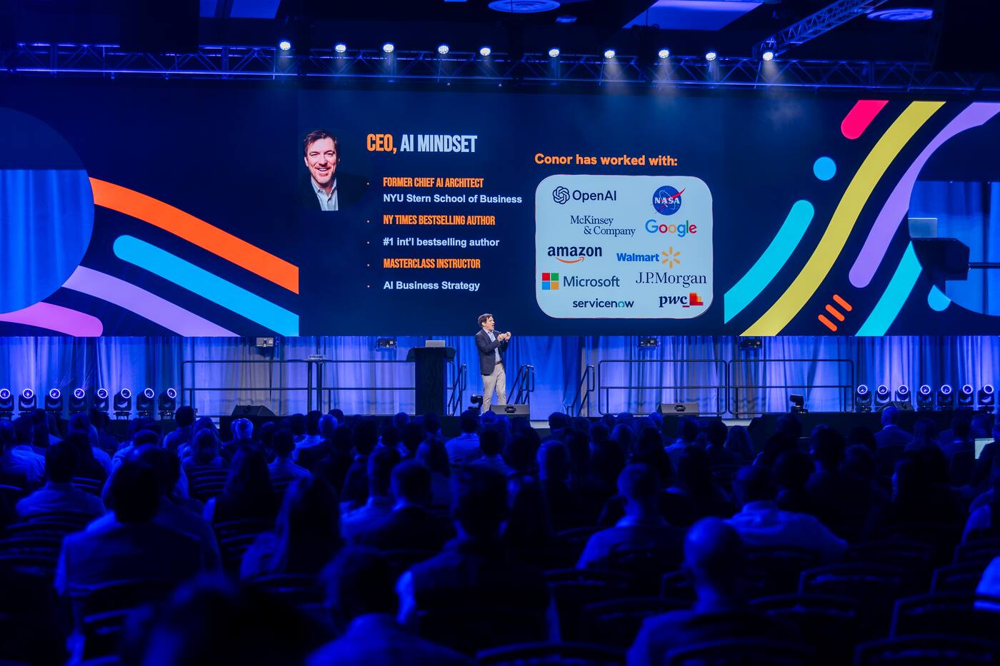 Wide view of a presentation and the audience