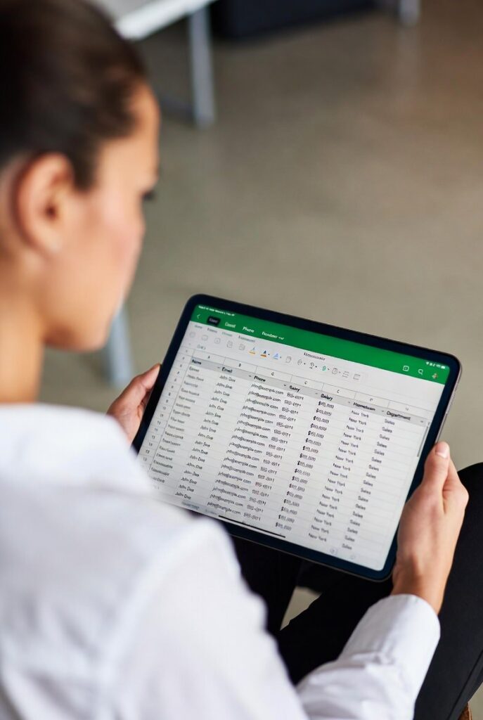 photo of a woman holding an ipad displaying a CSV file
